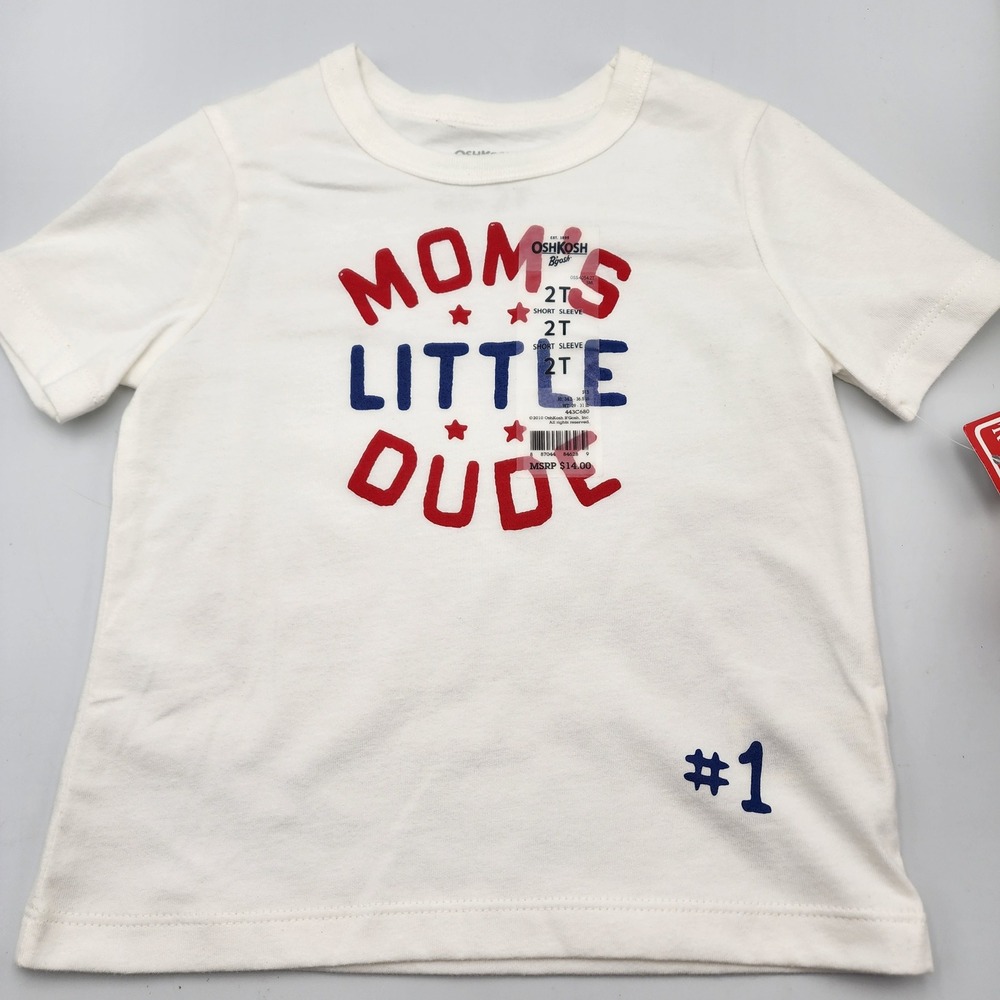 OshKosh Bgosh 2T‎ Baby Boy's Short Sleeve Tee Shirt Mom's Little Dude White